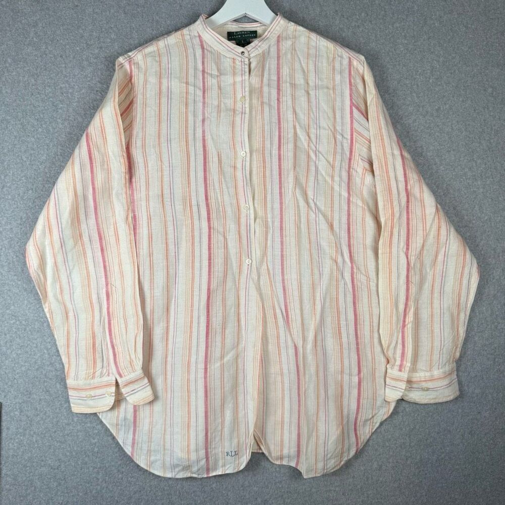 Lauren Ralph Lauren Womens Size Large 100% Linen Tunic Top Yellow Pink Stripe